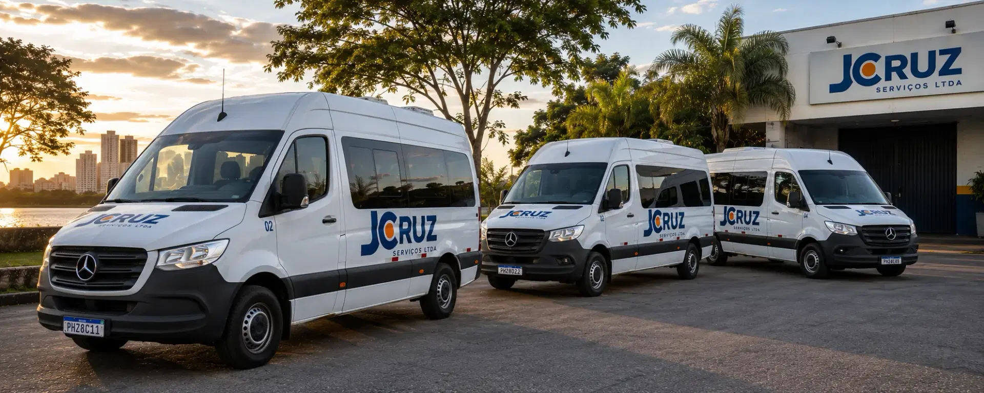 Três vans da J Cruz estacionadas em frente à sede da empresa, à beira do rio