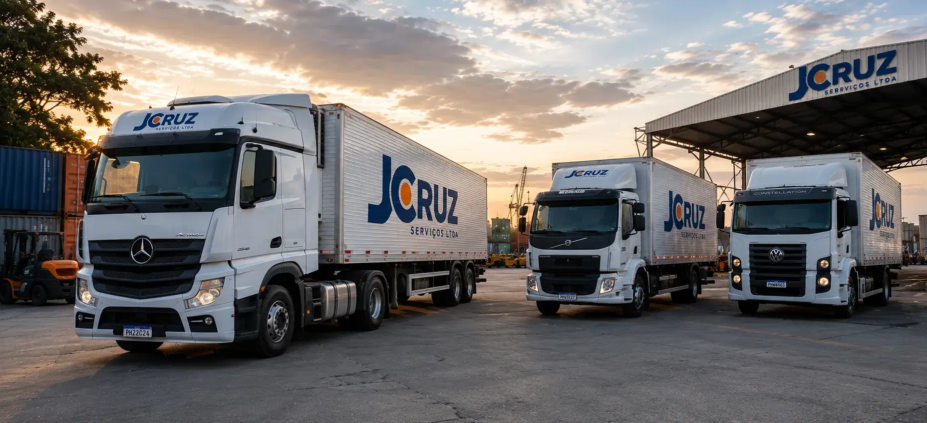Caminhões com a identificação da J Cruz em pátio de operação ao entardecer